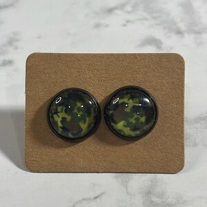 Handcrafted Black and Green Camouflage Stud Earrings with Butterfly Backs
